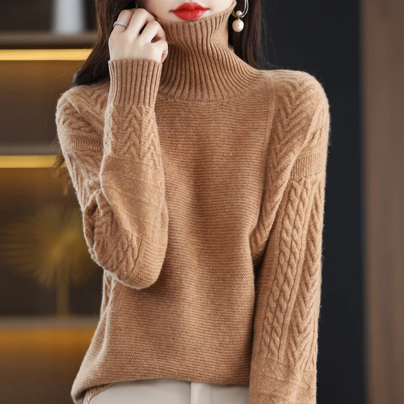 Pure Wool Women's Sweater Turtleneck Cable Flower Loose Lazy Wind Jacquard Autumn Winter Thickened Outer Wear Inner  Knitted Top