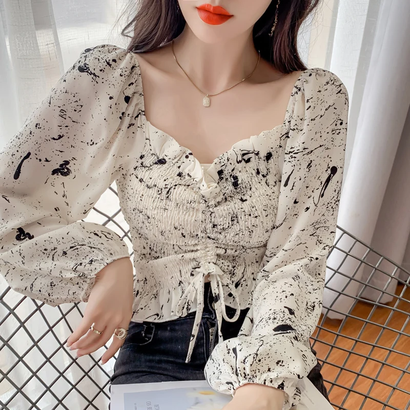 Spring Summer Vintage Floral Print V-neck Long Sleeve elastic Crop Tops Chiffon Blouse Women Pullover Shirt Tops