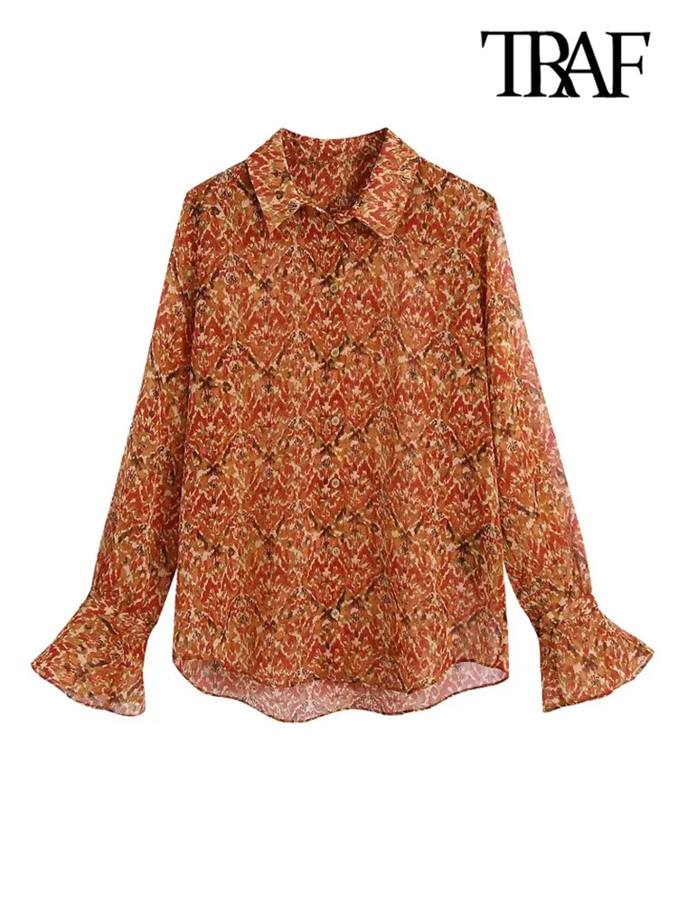 

TRAF Women Fashion With Ruffled Printed Shirts Vintage Long Sleeve Button-up Female Blouses Blusas Chic Tops