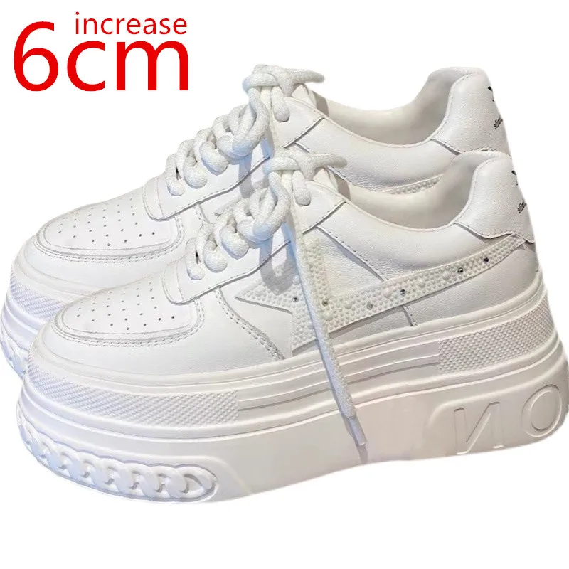 

European Thick-soled White Shoes Women's Spring Platform Shoes Genuine Leather Increase 6cm Shoes Casual Elevator Shoes Sneakers