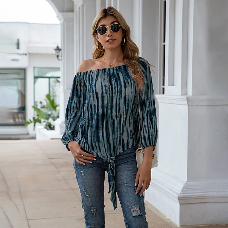 

Tie Dye Print Sexy Off Shoulder Loose Long Sleeve Tops Women Plus Size Clothes Spring and Summer Casual T-Shirts New Fashion