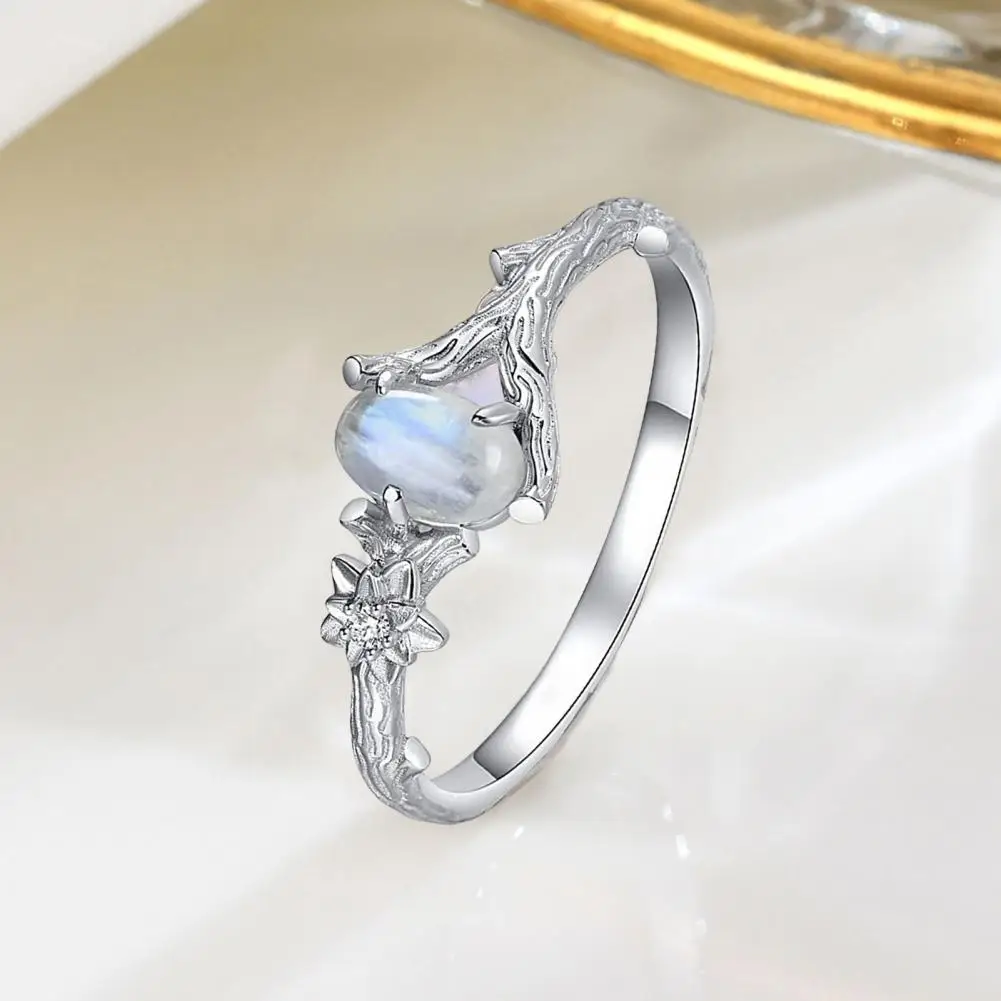 

Women Ring Natural Stone Silver Color Engraved Tree Branch Flower Vintage Faux Moonstone Inlaid Finger Ring Fashion Jewelry