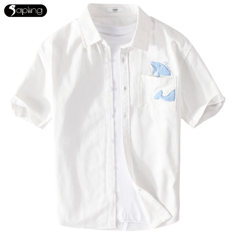 

Summer Small Fresh Men's Short-sleeve Shirts Fashion Simple Young Men Tops Loose Casual Men Shirts Thin Cotton Embroidery Shirt