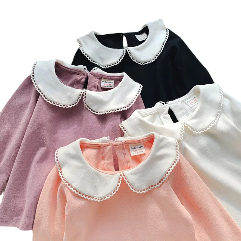 Универсальная футболка с длинным рукавом и кукольным воротником для девочек, Новинка осени 2023, детский топ из хлопка, Детская футболка, оптовая продажа