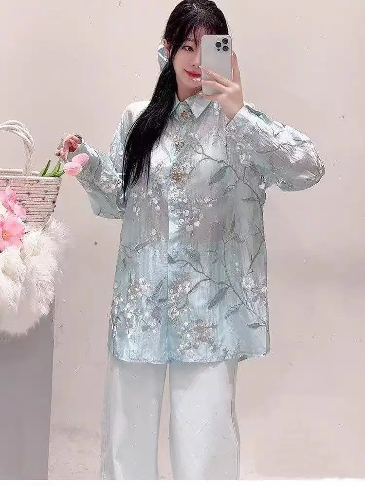 Свободные повседневные рубашки с цветочной вышивкой и пуговицами