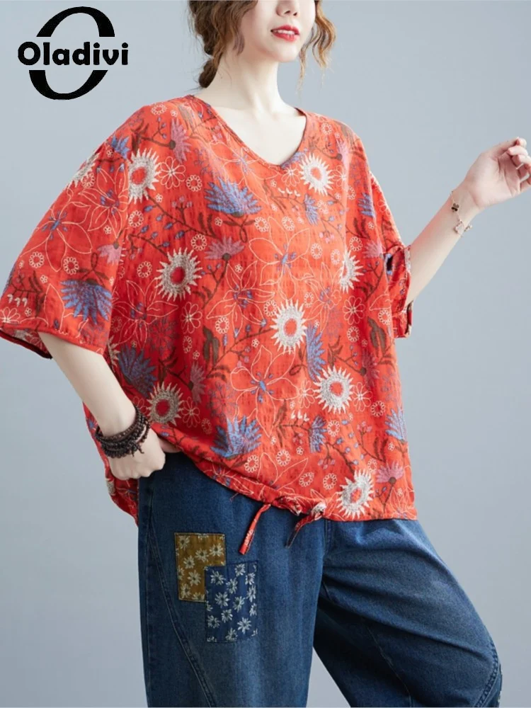 

Oladivi Fashion Casual Cotton Linen Blouses for Women 2022 Summer New Oversized Loose Shirts Plus Large Size Top Tunics 1000 4XL