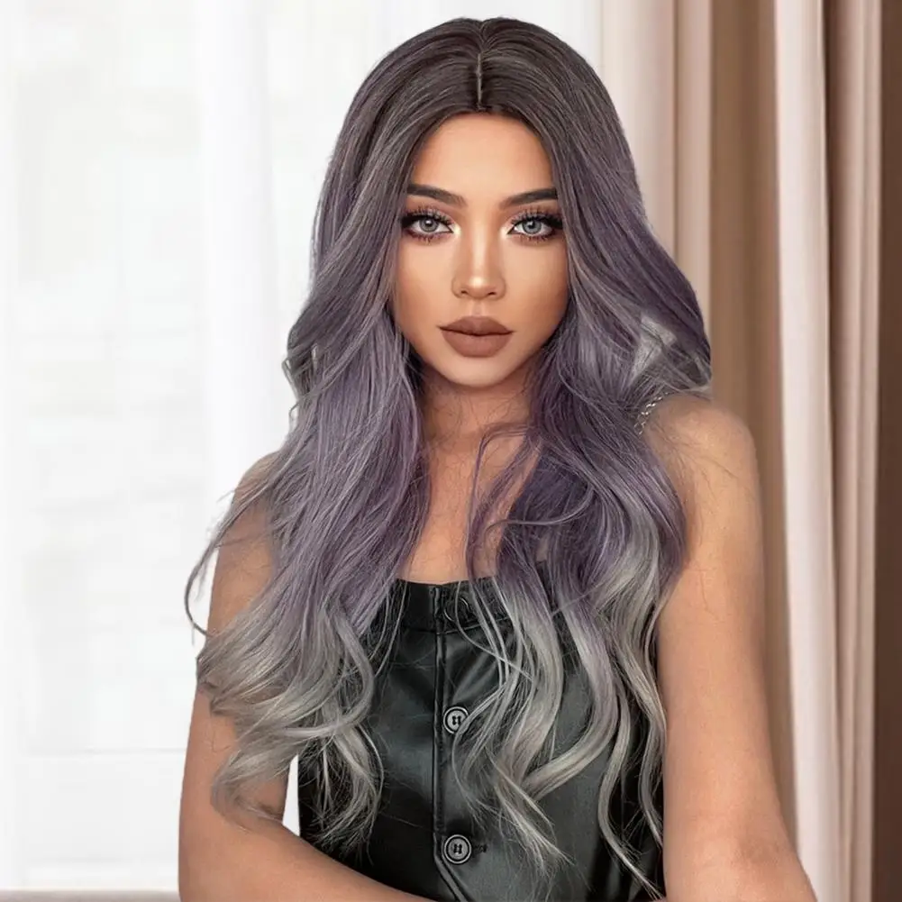 

Gradient Wig Reused Fashion Fluffy Attractive Universal Lady Beauty Tool Lightweight Medium Brown Gradient Purple Gray Long Curl