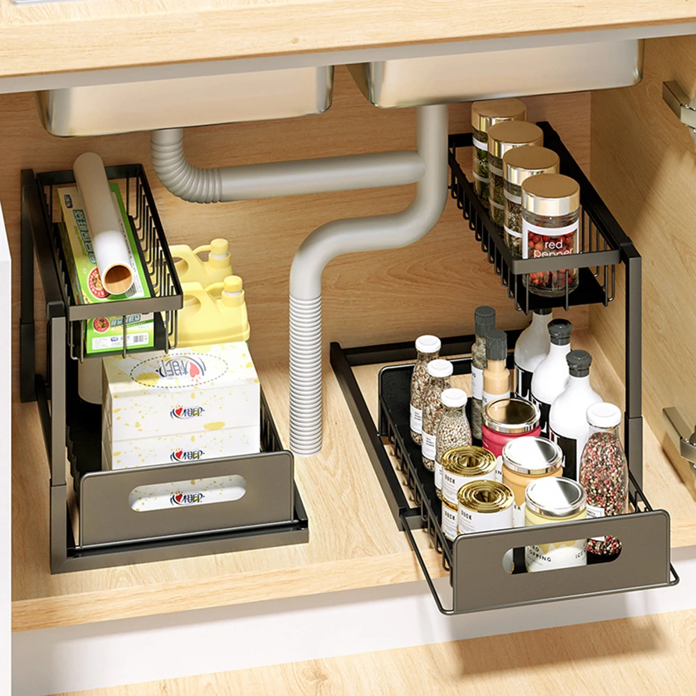 

Metal Drawer Slid Basket Kitchen Cupboard Storage Organizers Household Seasoning Bottle Pull Out Rack Kitchen Spice Shelves