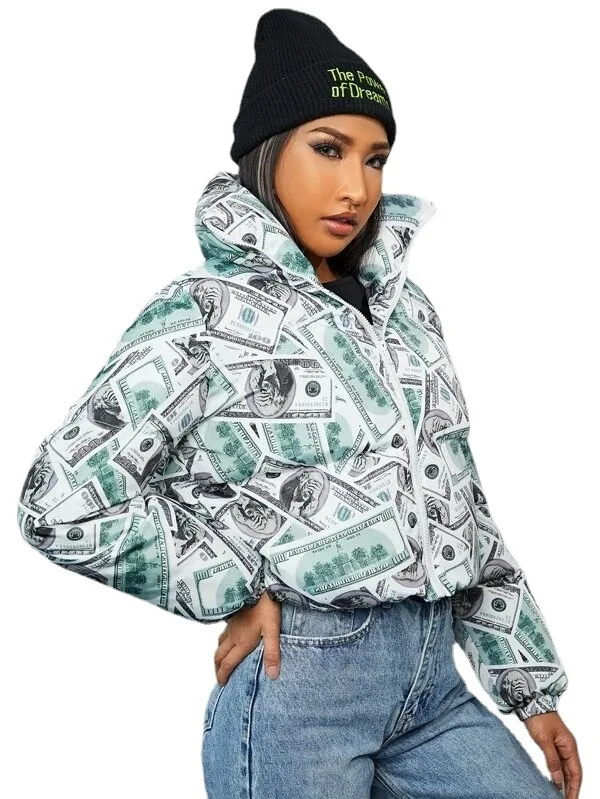 2022 New Women's Printed Long-Sleeved Loose Tops Cotton-Padded Coats Are Thin and Trendy Bread Coats