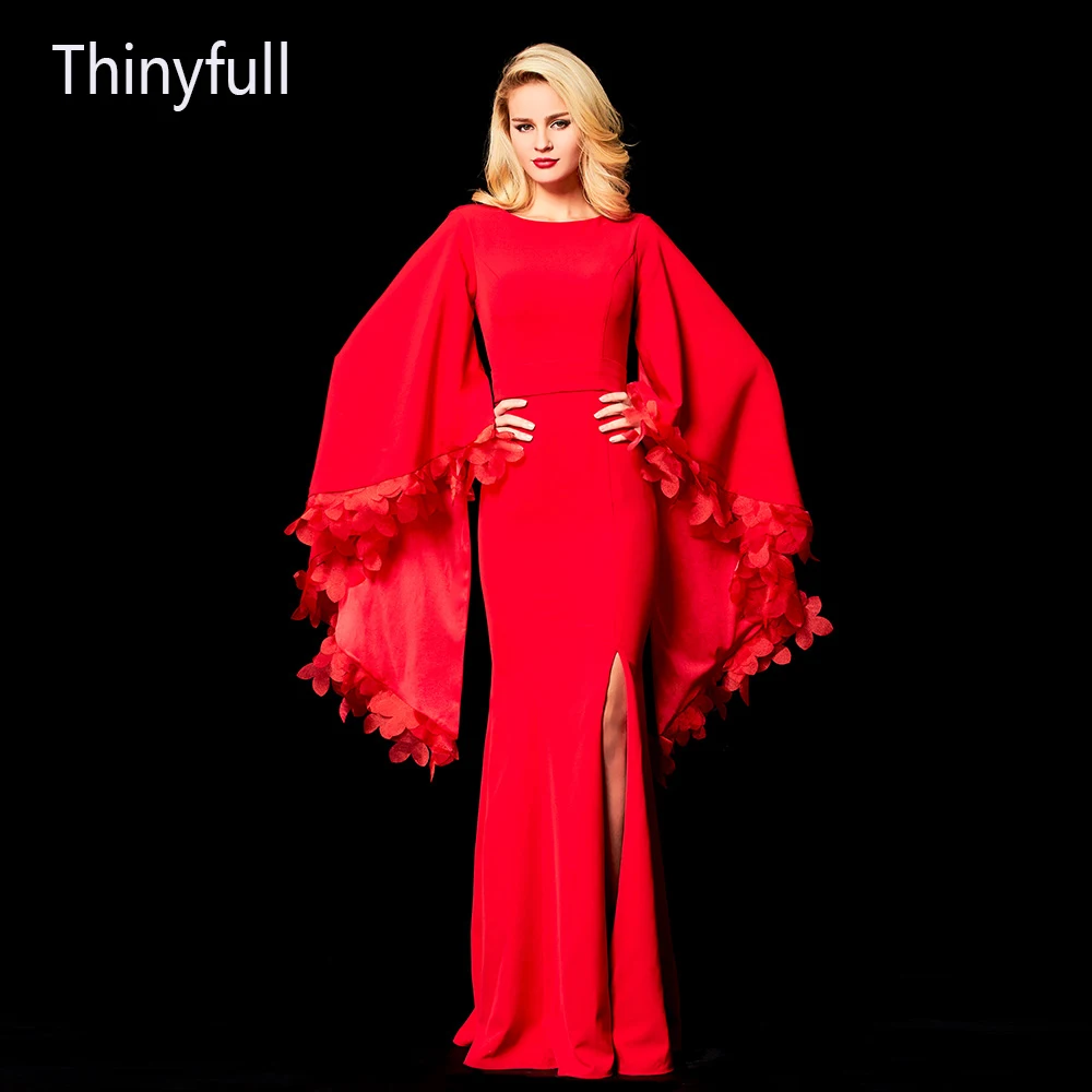 

Red Mermaid Evening Dress O-Neck Big Puffy Sleeve Prom Gown Full Length Zipper Back Side Split Party Cocktail Vestido de novia