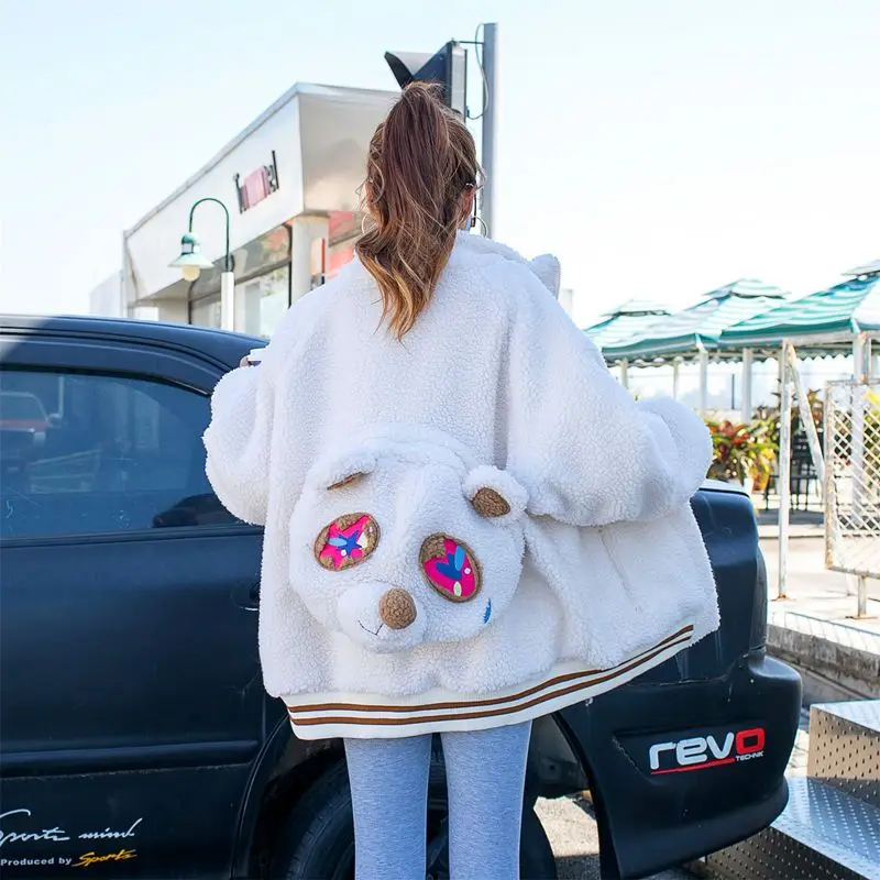 Original Fashion Patch Bear Cashmere Coat Trendy 2022 New Winter Thicken Velvet Stand Collar Women Wadded Jacket Lambswool Coats