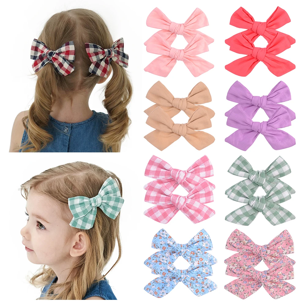 

2pcs/set Flower Cotton Hair Bows With Clip For Baby Girls Plaid Boutique Hair Clips Hairgrip Barrettes Headwear Hair Acesssories