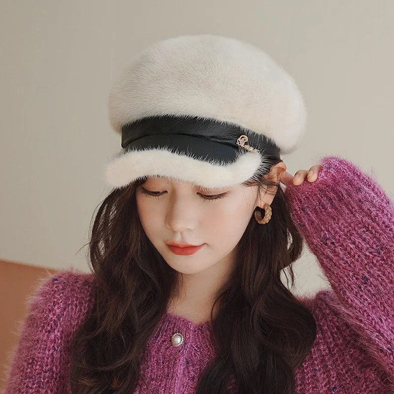 Winter Warm Fur Beret For Women Fashion Mink Fur Cap Korean Casual Trend Winterproof Real Sheepskin Mink Fur Cap