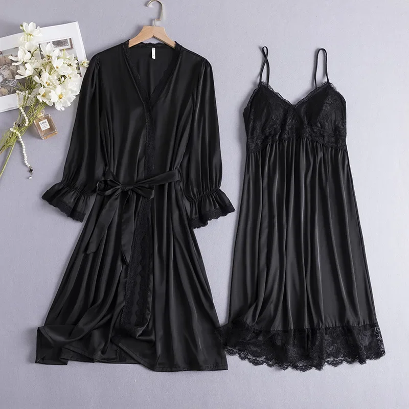 Комплект женский кружевной из халата и атласной рубашки ночная рубашка кимоно