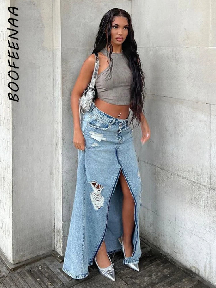 

BOOFEENAA Ripped Jean Skirt High Waist Asymmetrical Split Long Maxi Skirts Black Blue Denim Faldas Y2k Streetwear C56-EZ49