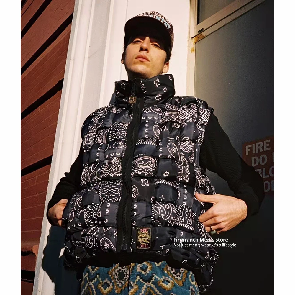 Firmranch Paisley Braided Tricolor Vest Jackets For Men/Women High Collar Zipper Down Cotton High Quality Waistcoat Streetwear