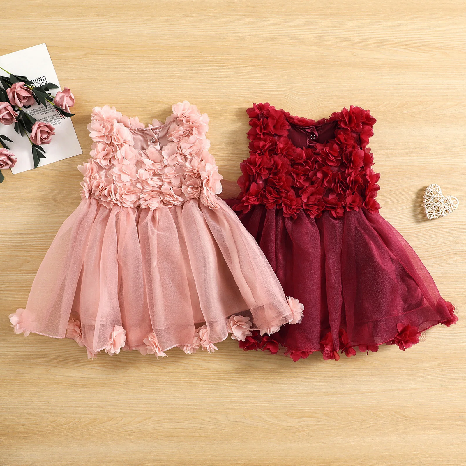 

Baby Girls Summer Sleeveless Dress Solid Color 3D Petal Decoration Mesh Hem Dress Princess A-line Dress