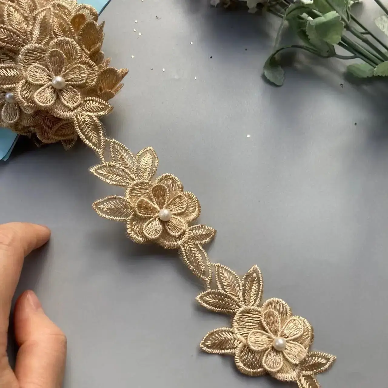 1 ярда золотой жемчужный цветок лист ручная работа вышитая бисером кружевная