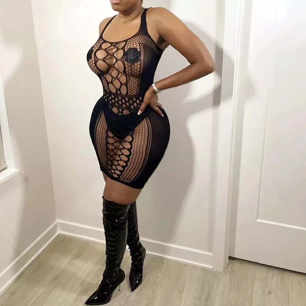 

Sexy Dress Hollow Out Mesh Bodycon Dress Women Transparent Lace Plus Size Mini Dress Night Club Dance Dress Beachwear DS047