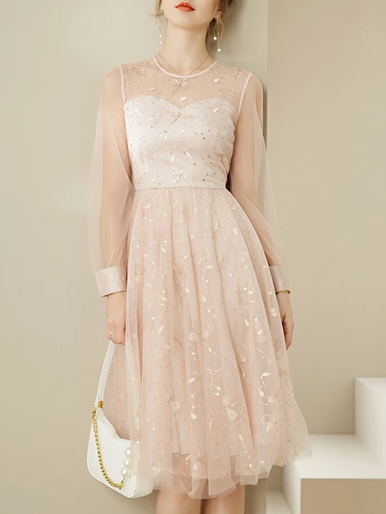 

Designer Spring Summer New High Quality Women's Elegant Long Sleeve Gorgeous Sequins Embroidered Mesh Fashion Casual Party Dress