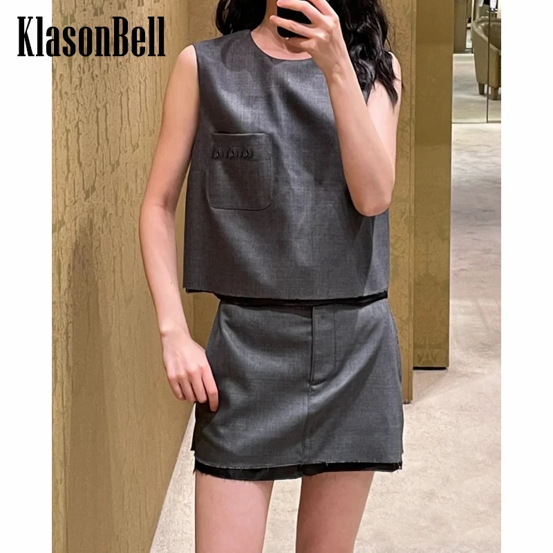 

12.17 KlasonBell Fashion Pocket Letter Embroidery Sleeveless Gray Tank Top Or Short Skirt Set Women