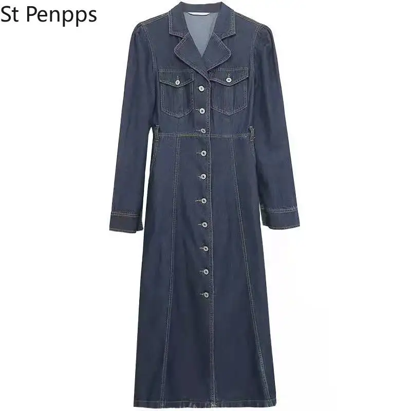 Винтажное Синее джинсовое платье для женщин весеннее длинное с отложным