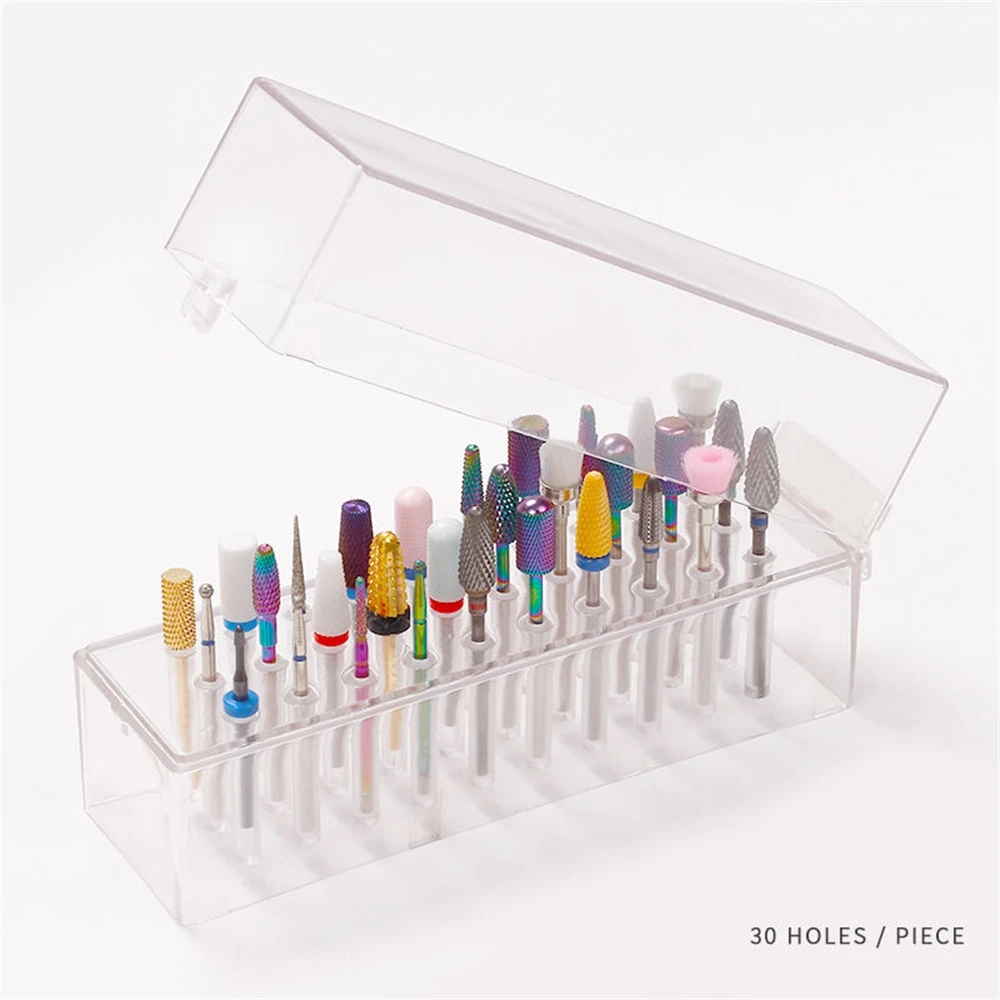 30 Holes Nail Drill Bits Holder Clear Dustproof Drill Bit Case for Acrylic Nail Drill Bits Efile Bits Storage Nail Tools