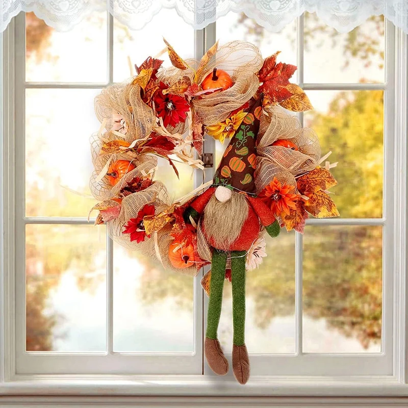 

Fall Wreath Burlap Front Doors Wreath With Gnome Artificial Maple Leaf Pumpkin Sunflower Autumn Harvest Decoration Durable