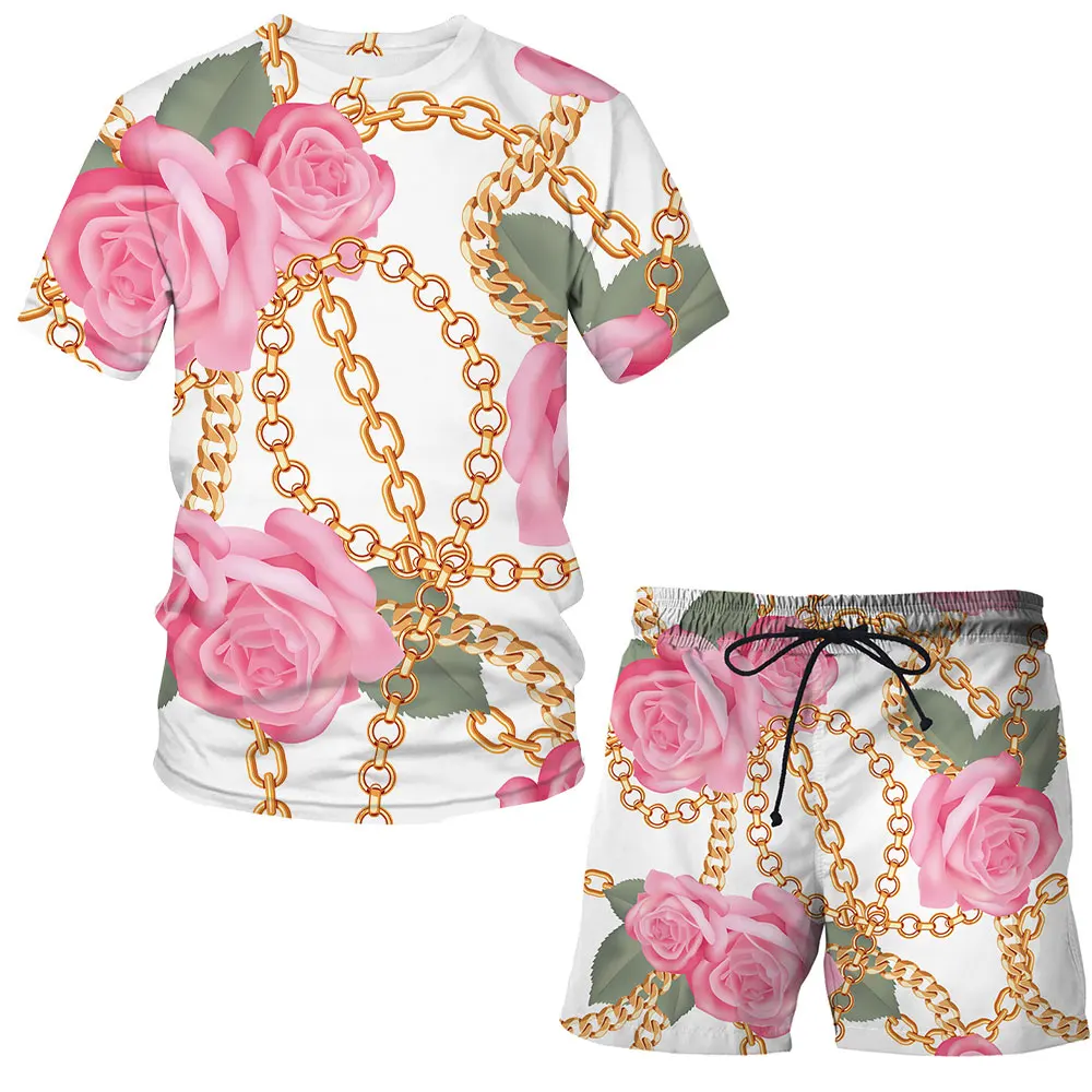 

2021 New Fashion hot Shorts Iron chain 3D Summer T-Shirt Cartoon Suit Man / Woman Cool Clothes Hip Hop Luxury Short Sleeve Sets