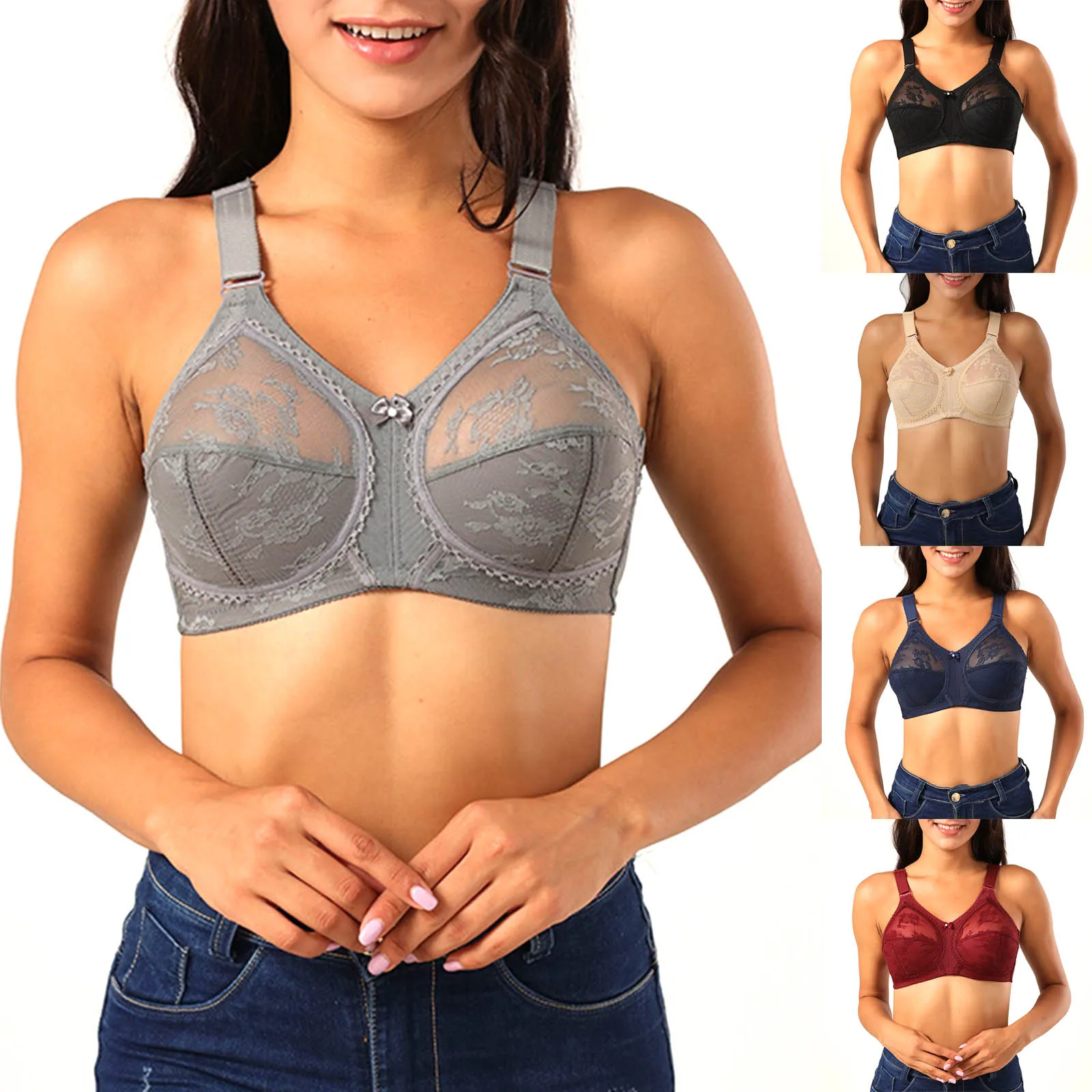 Women's Plus Size Firm Support Non Wired Lace Transparent Non Padded Full Cup Minimiser Hollow Bras Seamless Underwear