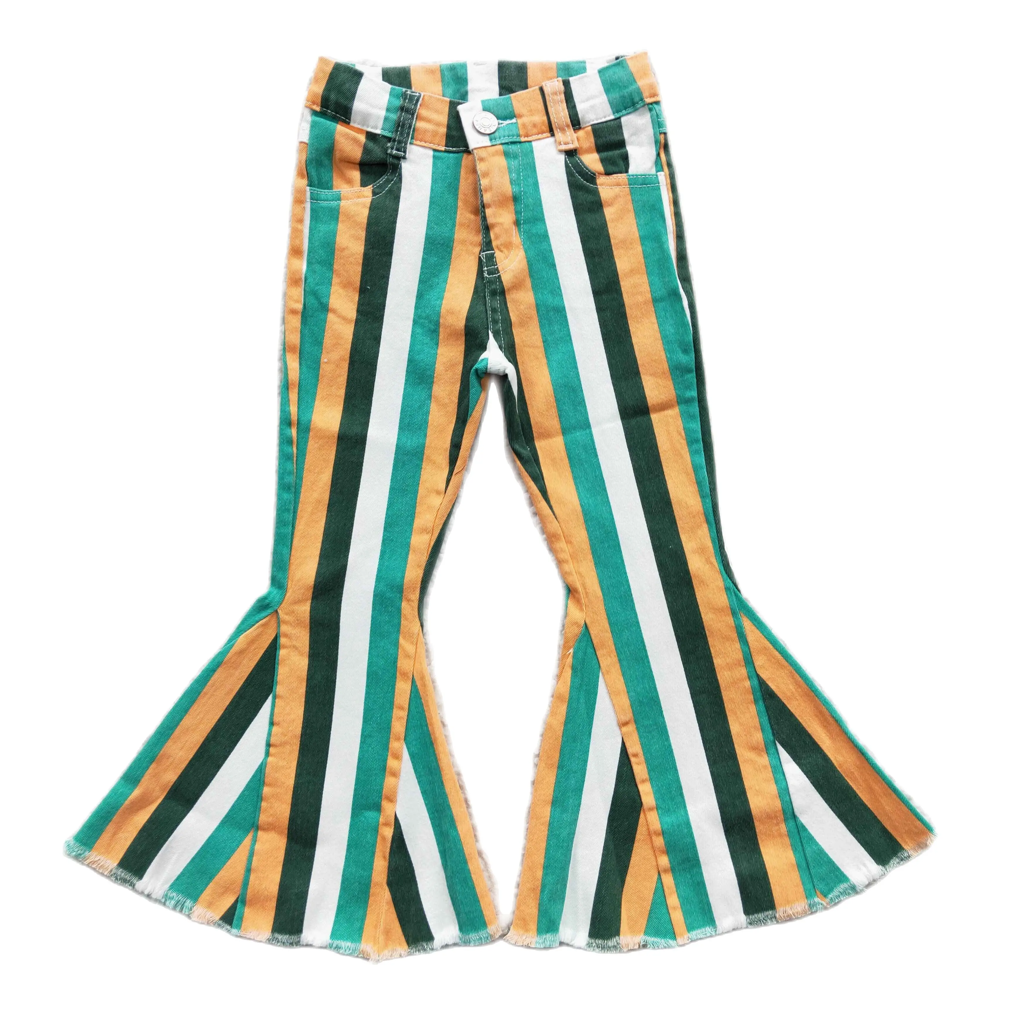 

Kids Girls Striped Jeans Spring Summer Boutique Denim Pants Toddler Yellow-green stripe flare Trousers Bottoms 1-14 Years