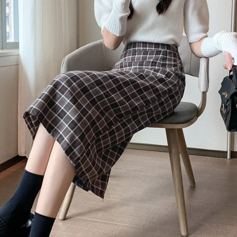 

Plaid Skirts Winter Spring Hot Sales New Design Chic Korea Women Mori Girl Style Retro Vintage High Waist Split Long Skirts