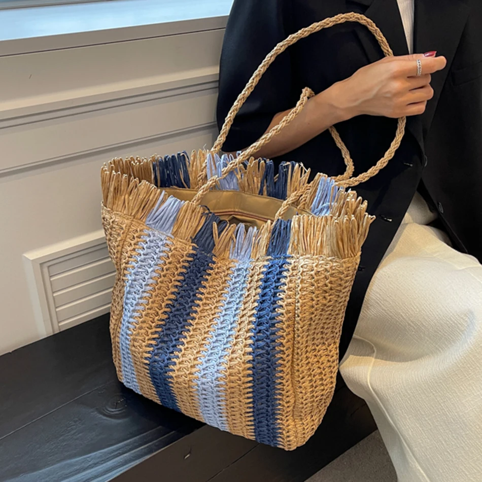 

Designer Striped Beach Straw Bag Large Capacity Shoulder Bags for Women Summer New Fashion Woven Shopper Handbag Casual Tote Bag