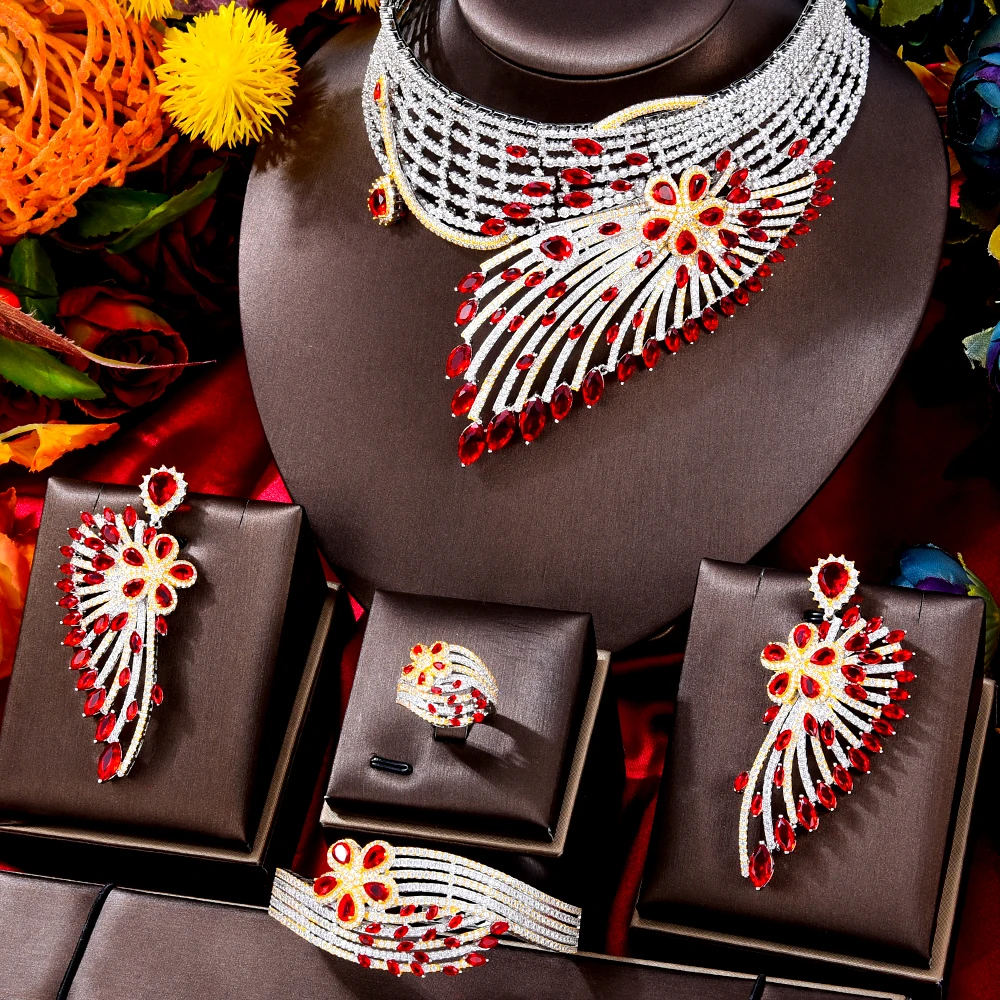 

GODKI Luxury African Feather Chokers Jewelry Sets For Women Wedding Cubic Zirconia CZ Dubai Bridal Jewelry Set Dance Party gift