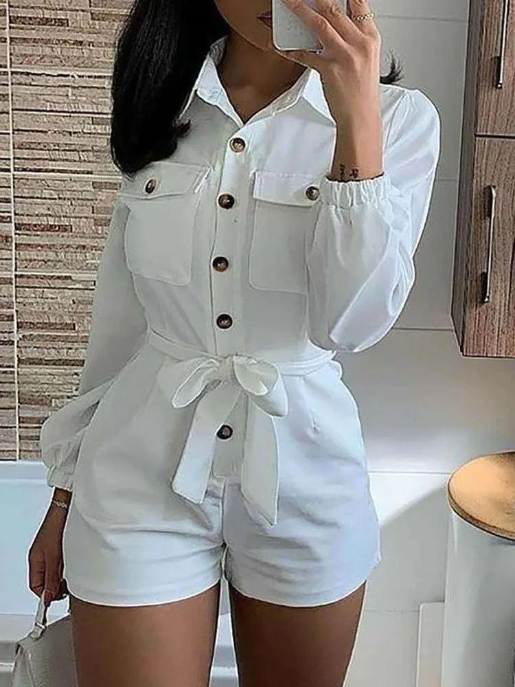 

Elegant Rompers Women Summer 2023 New Fashion Single Breasted Lace Up White Casual Jumpsuit Full Sleeve Club Playsuit Overalls
