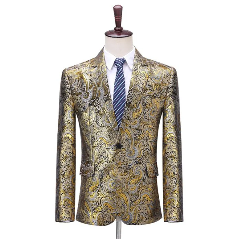 Gold Jacquard blazer men groom suit mens wedding suits costume singer star style dance stage clothing formal dress 981