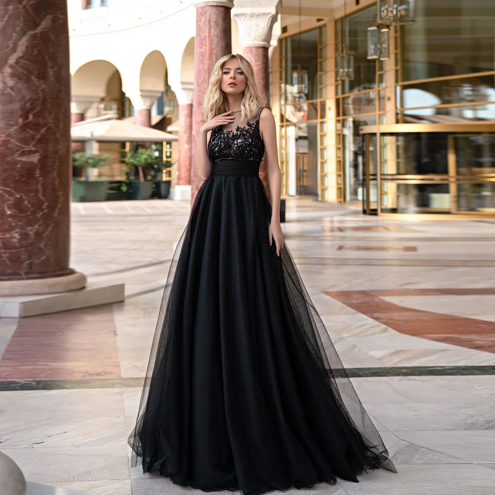 

Black Prom Dresses O Neck Sleeveless Tulle Evening Dress A-Line Party Gowns Appliques Sequined Floor Length فساتين مناسبة رسمية