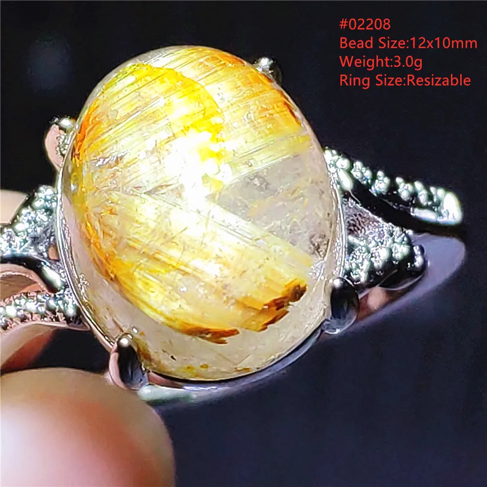 

Natural Gold Rutilated Quartz Adjustable Ring Women Men Oval Brazil 925 Silver Wealthy Rutilated Stone Ring AAAAAA
