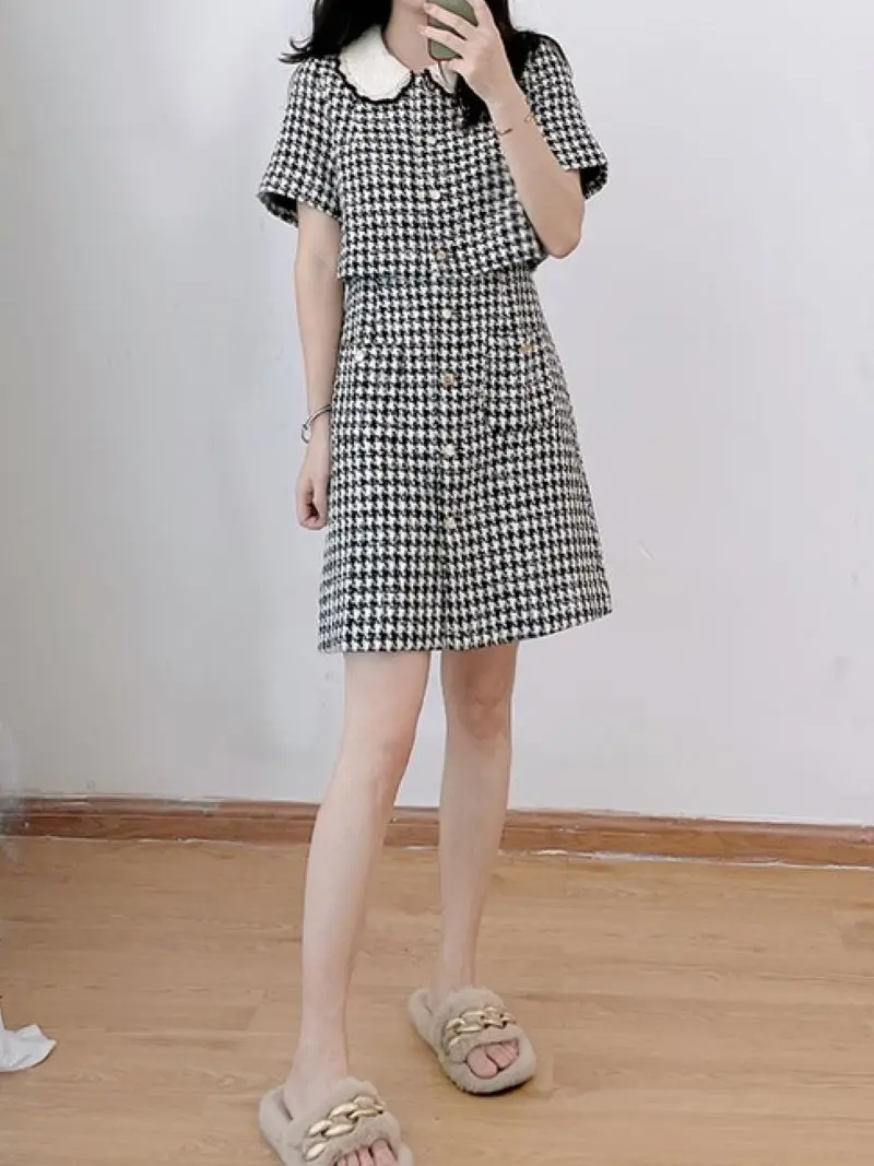 

Women Plaid Patchwork Peter Pan Collar Tweed Short Sleeve Fake Two Pieces Mini Dress