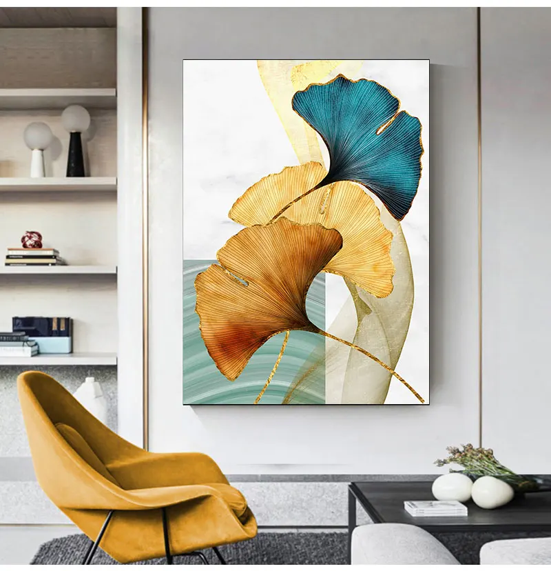 

Nordic Canvas Print Wall Art Painting Wall Art Modern Picture Living Room Decoration Blue Green Yellow Gold Plant Leaf Abstract