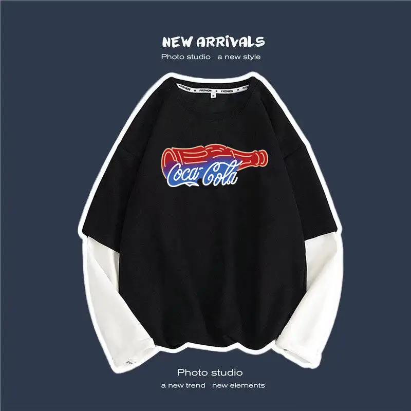 

2022 new Coca-Cola joint black and white fake two-piece long-sleeved T-shirt men's tide brand hip-hop printing loose