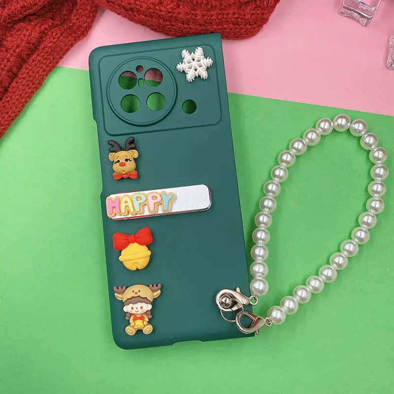 Case For Vivo X Fold Christmas Elk Girl Snow Stand Pearl Bracelet Forest Green Hard Mobile Phone Case Cover
