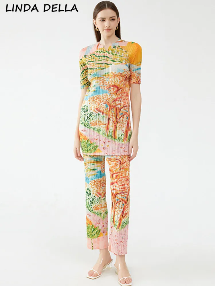 

LINDA DELLA Summer Fashion Runway Vintage Print Pant Set Women V-Neck Long T-shirt+Elastic Straight Trousers Pleated 2 Piece Set