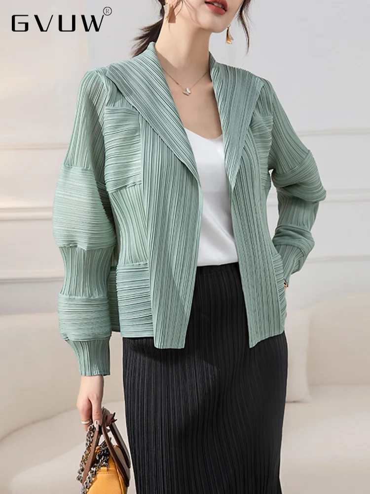 

Короткая дизайнерская рубашка GVUW, Женская плиссированная Однотонная рубашка с длинным рукавом и отложным воротником, повседневная Осенняя...