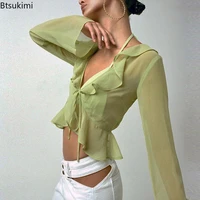 2022 vintage 90s streetwear ruffles trim green chiffon t shirts y2k tops women sexy deep v lace up long sleeve tops transparent
