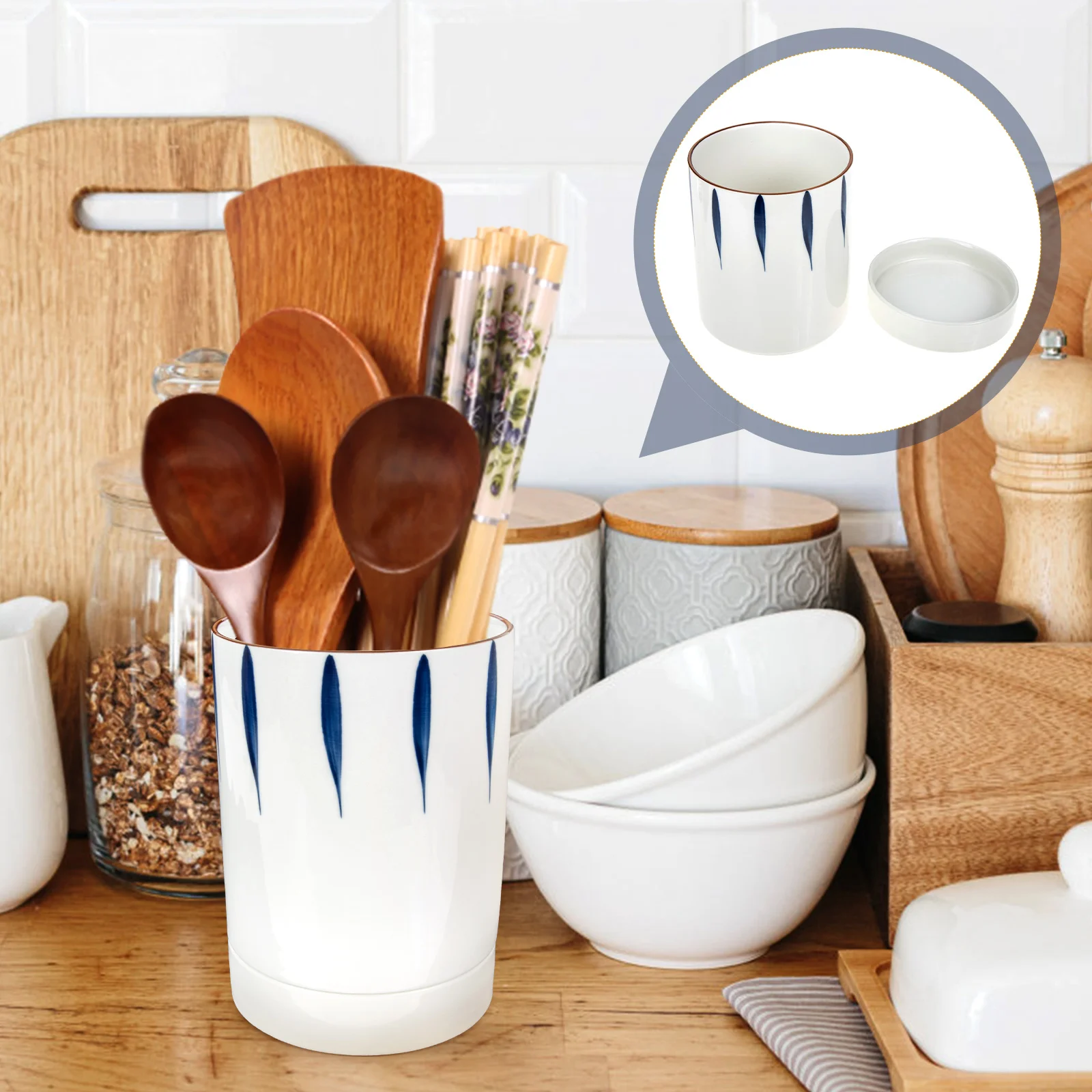 

Utensil Holderkitchen Crock Ceramic Cutlery Chopsticks Organizer Spoon Silverware Countertop Storage Cooking Flatware Drain Fork