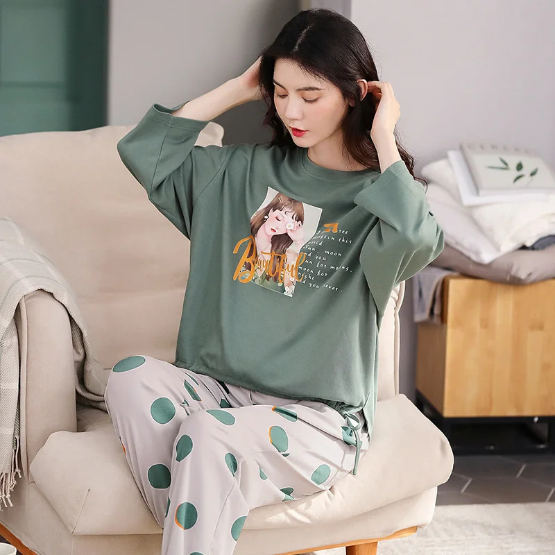Pajama Girl Spring Autumn Winter Long Sleeved Cotton Cartoon  Loose Large Externally Wearable Home Suit