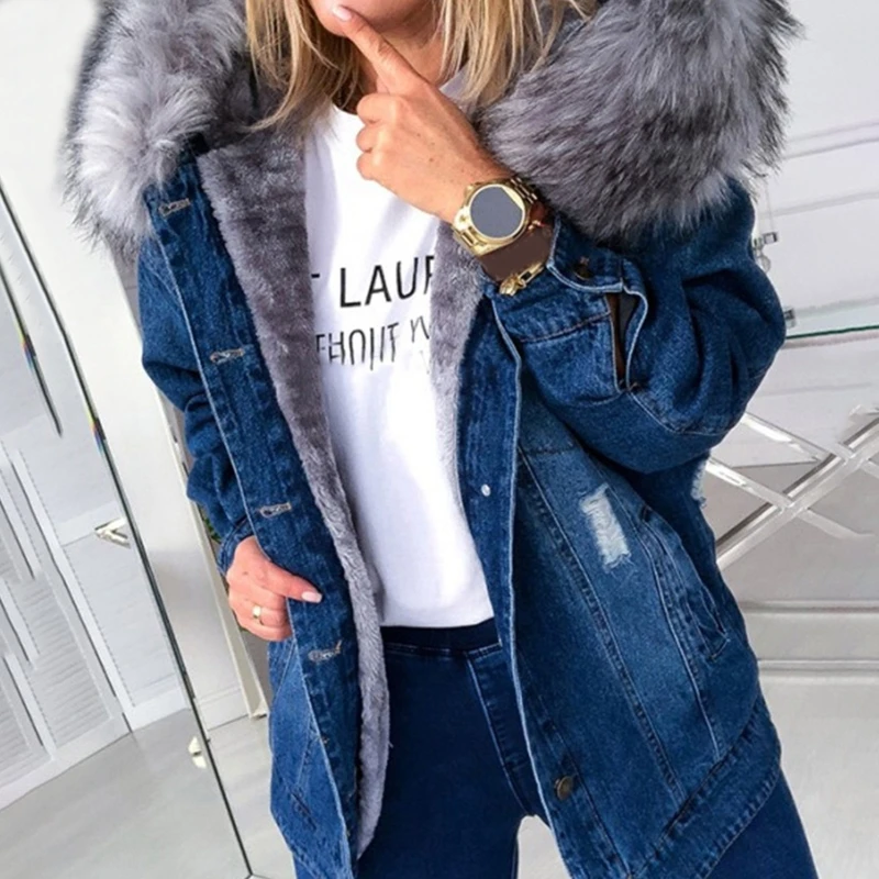 2023 Fashion  Winter Elegant Warm Single-breasted Mid-length Jacket Plush Thick Fur Collar Slim-fit Single Breasted Denim Jacket
