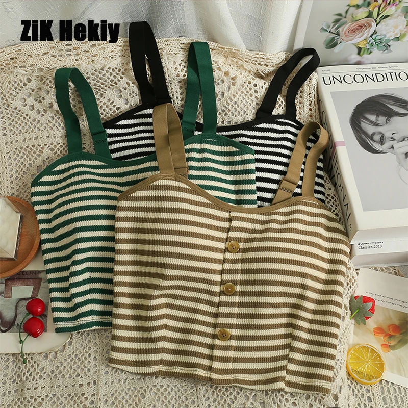 

Stripes Short Section Single-Breasted Inside Take Vest Small Sling Women New Fall And Winter Outside Wear Slim Hundred With Tops
