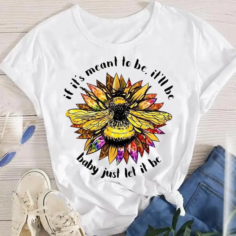 

Футболка женская летняя с коротким рукавом, топ с принтом пчелы, букв и милых цветов